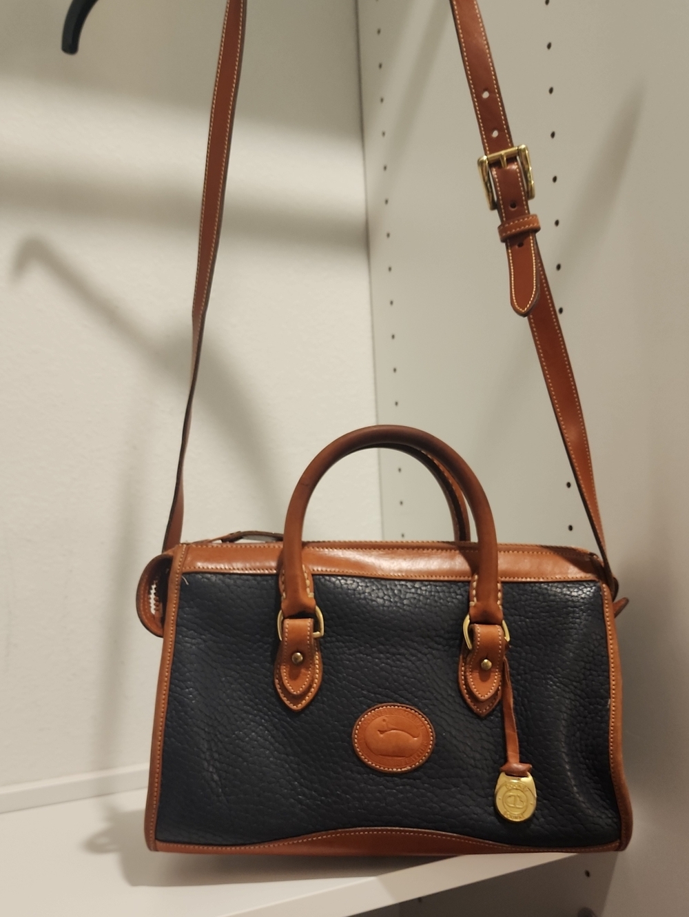 Vintage 80's Dooney & Bourke Navy and British Tan Pebbled Leather Satchel